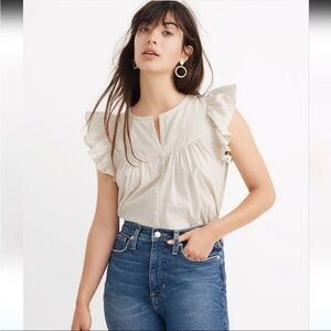 Madewell Ruffle-Sleeve Bib Cotton Metallic Rainbow Stripe Top Size Large